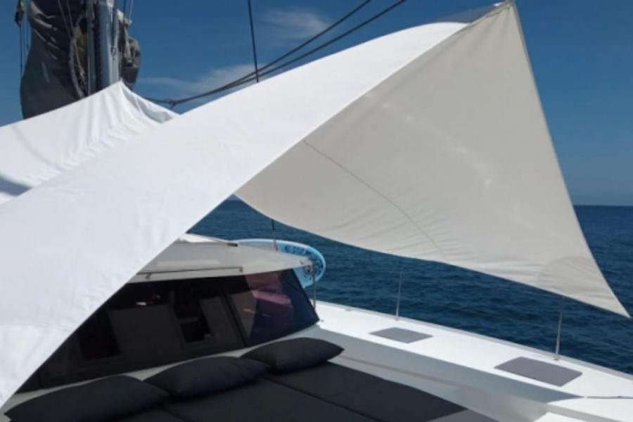 Shaded sun deck of a Fountaine Pajot 47 catamaran available for owner-direct yacht rental in Nuevo Vallarta